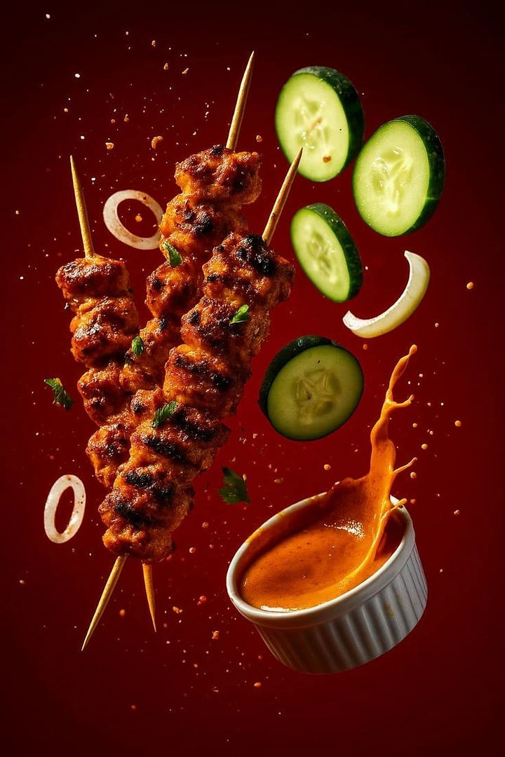 BBQ & Grill Restaurants creative ad: Dramatic floating skewer and ingredient composition