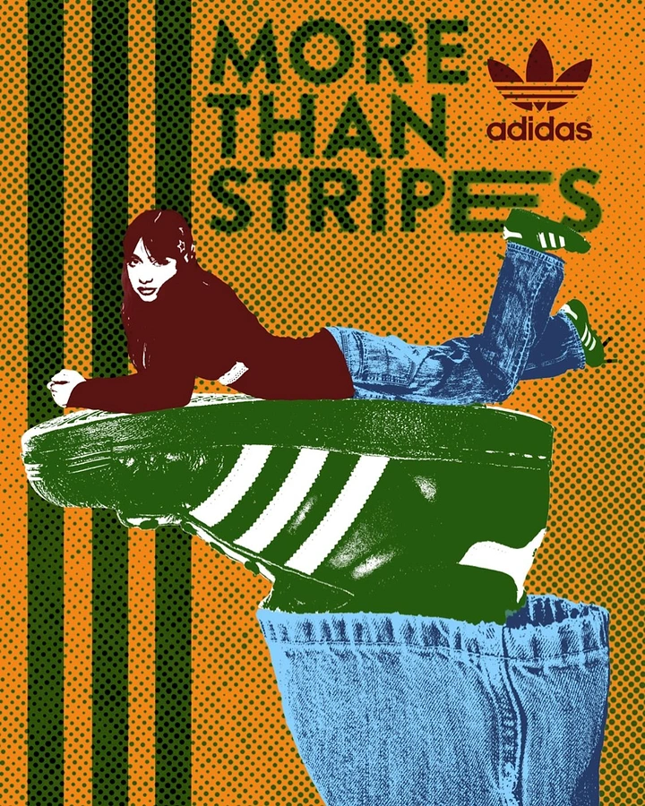 Creative ad: Woman lying on a giant green striped sneaker rising out of baggy jeans