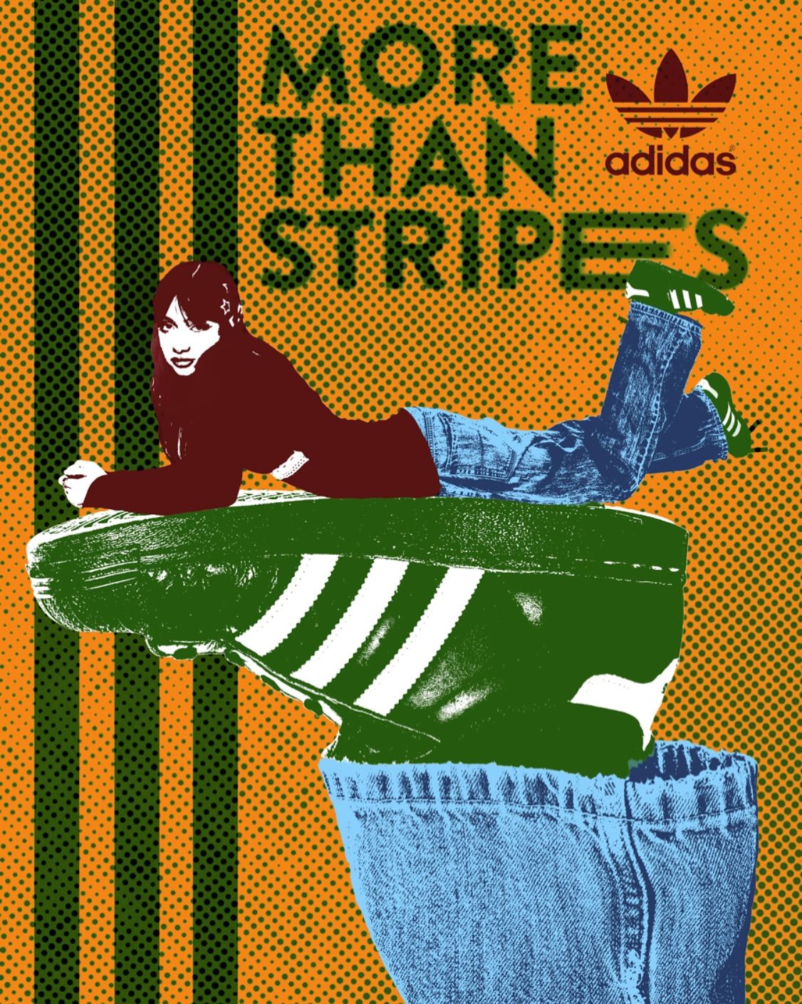 Instagram post: Woman lying on a giant green striped sneaker rising out of baggy jeans