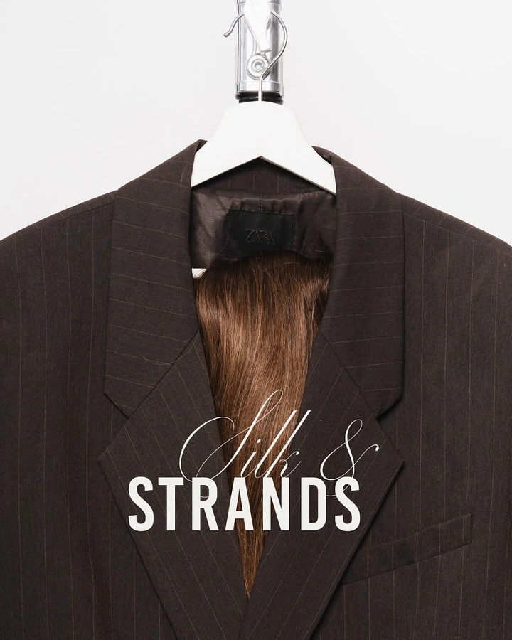 Wigs & Hair Extensions creative ad: Brown pinstripe blazer on hanger with a hair extension draped inside like a lining