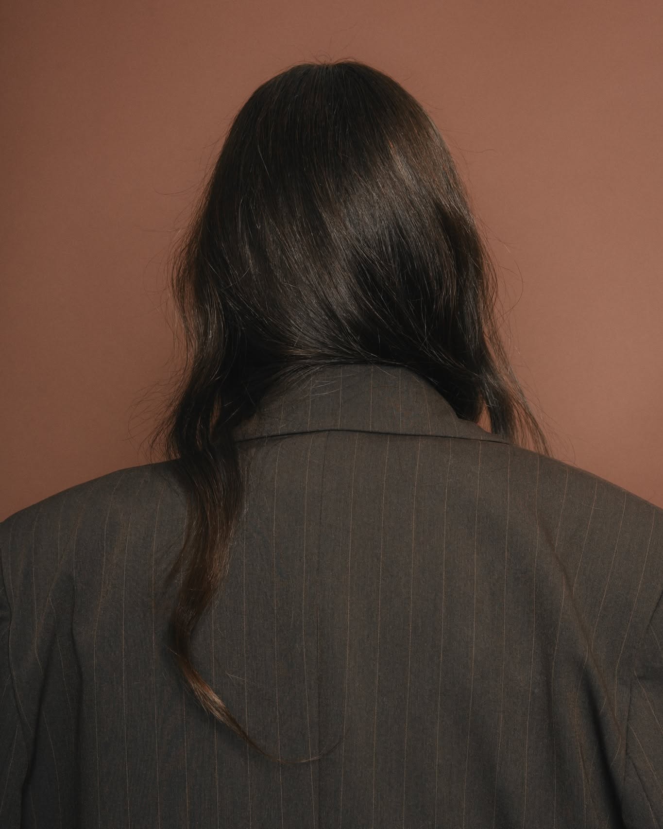 Carousel: Brown pinstripe blazer on hanger with a hair extension draped inside like a lining, slide 2