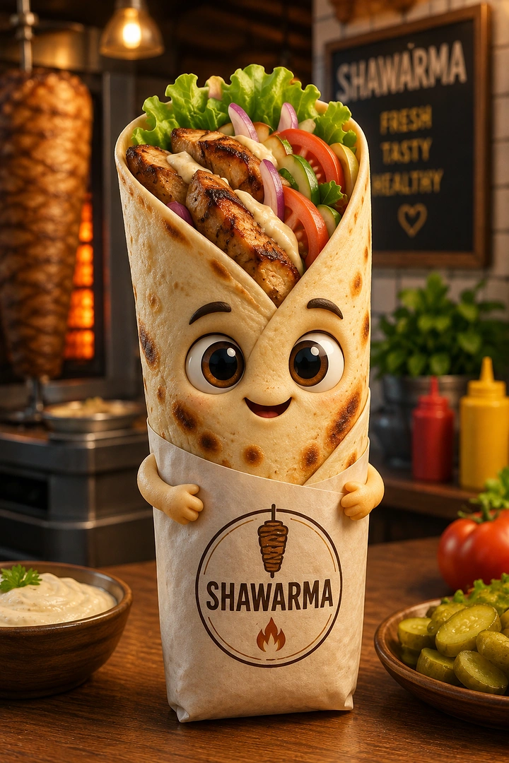 Arabic & Middle Eastern Restaurants creative ad: Cute anthropomorphic shawarma mascot