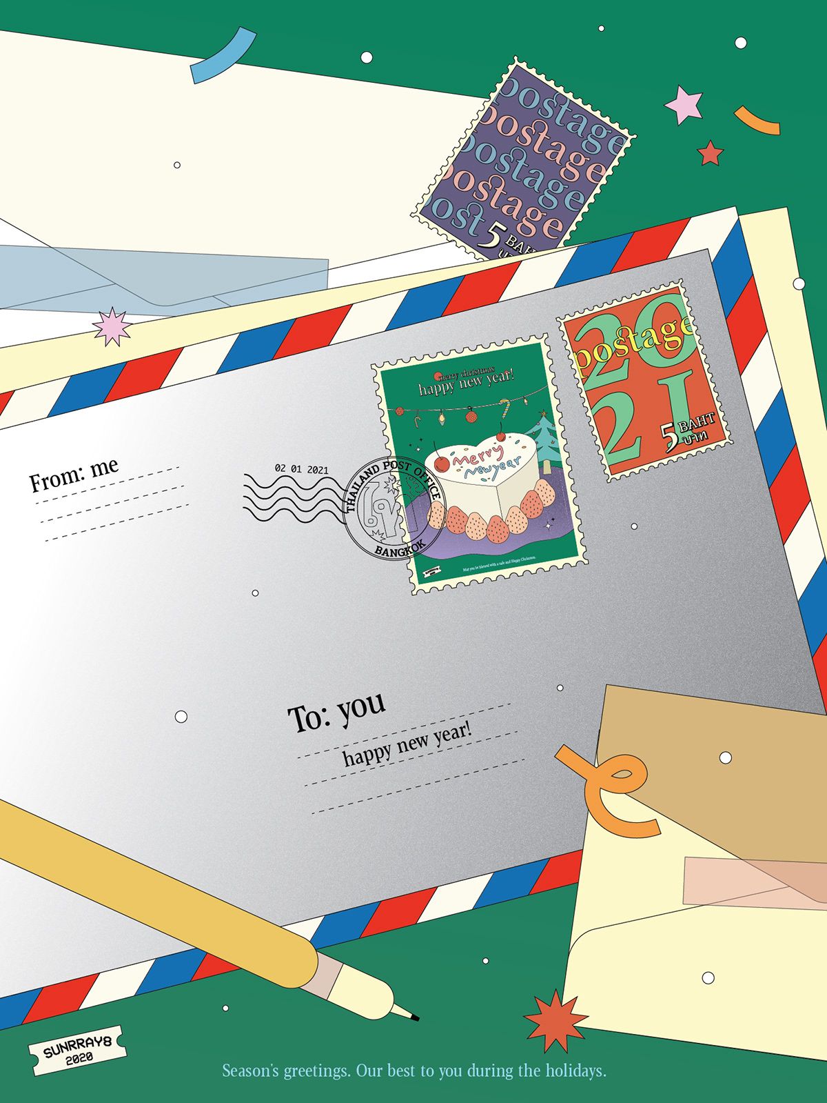 Silver airmail envelope with festive year postage stamps