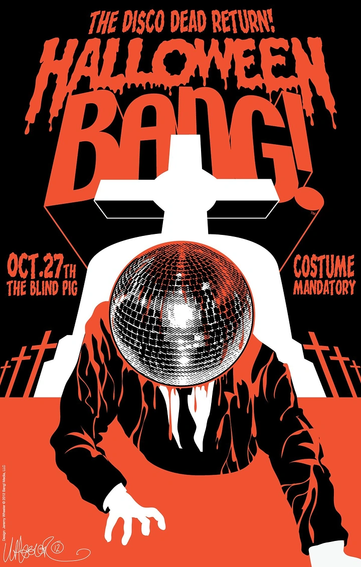 Halloween creative ad: Zombie with a disco-ball head rising from a grave