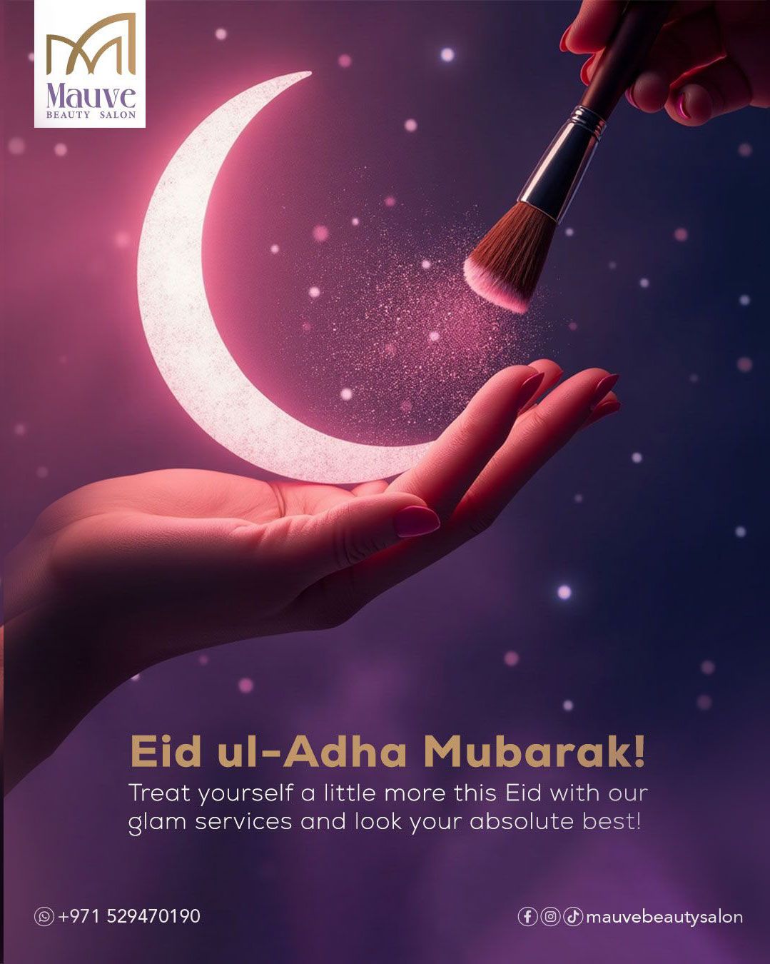 Eid Instagram post: Hand holding a glowing crescent moon while a makeup brush dusts pink shimmer onto it