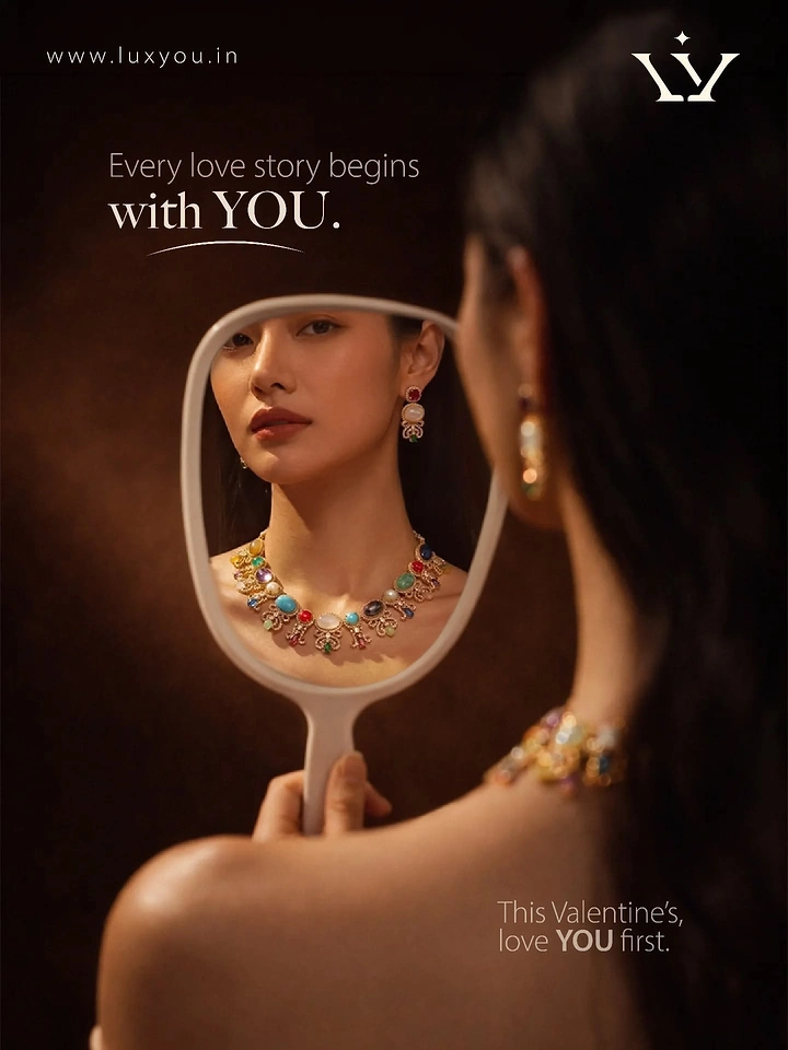 Valentine's Day creative ad: Woman viewing her jewelled reflection in a hand mirror