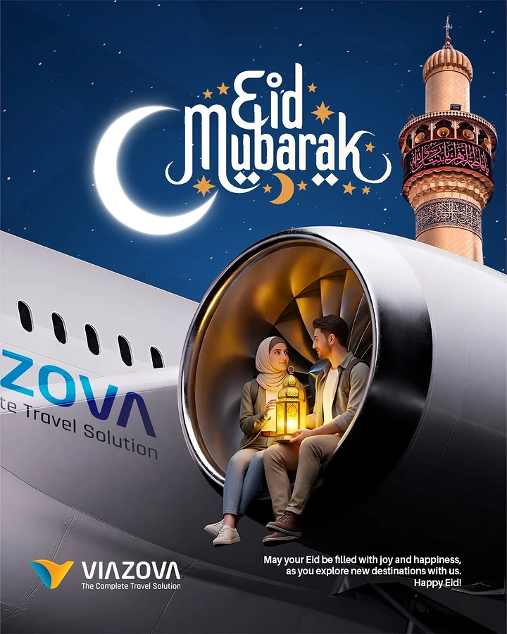 Eid creative ad: Couple with a glowing lantern sitting inside an airplane jet engine