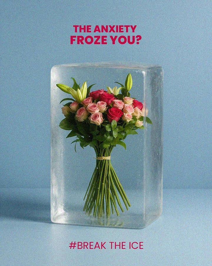 Florists creative ad: Bouquet frozen in ice: break the ice