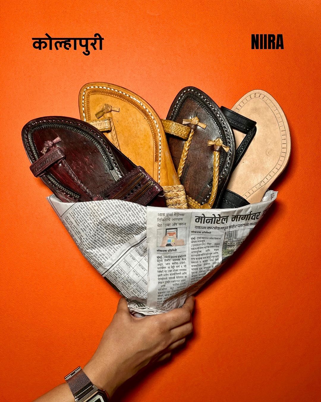 Instagram post: Kolhapuri sandals wrapped in newspaper like a bouquet