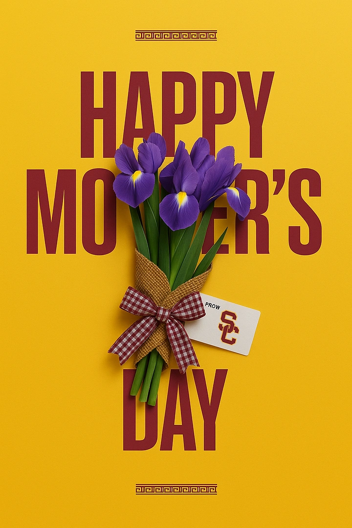 Mother's Day creative ad: Purple iris bouquet wrapped in burlap with a gift tag