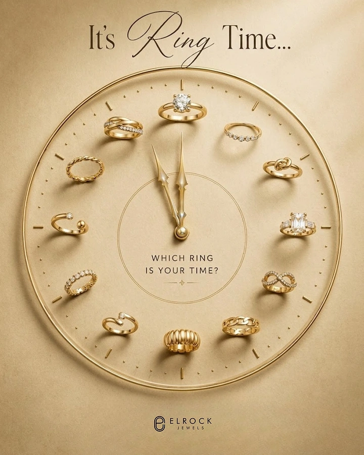 New Year creative ad: Twelve gold rings arranged as hour markers on a gold clock face