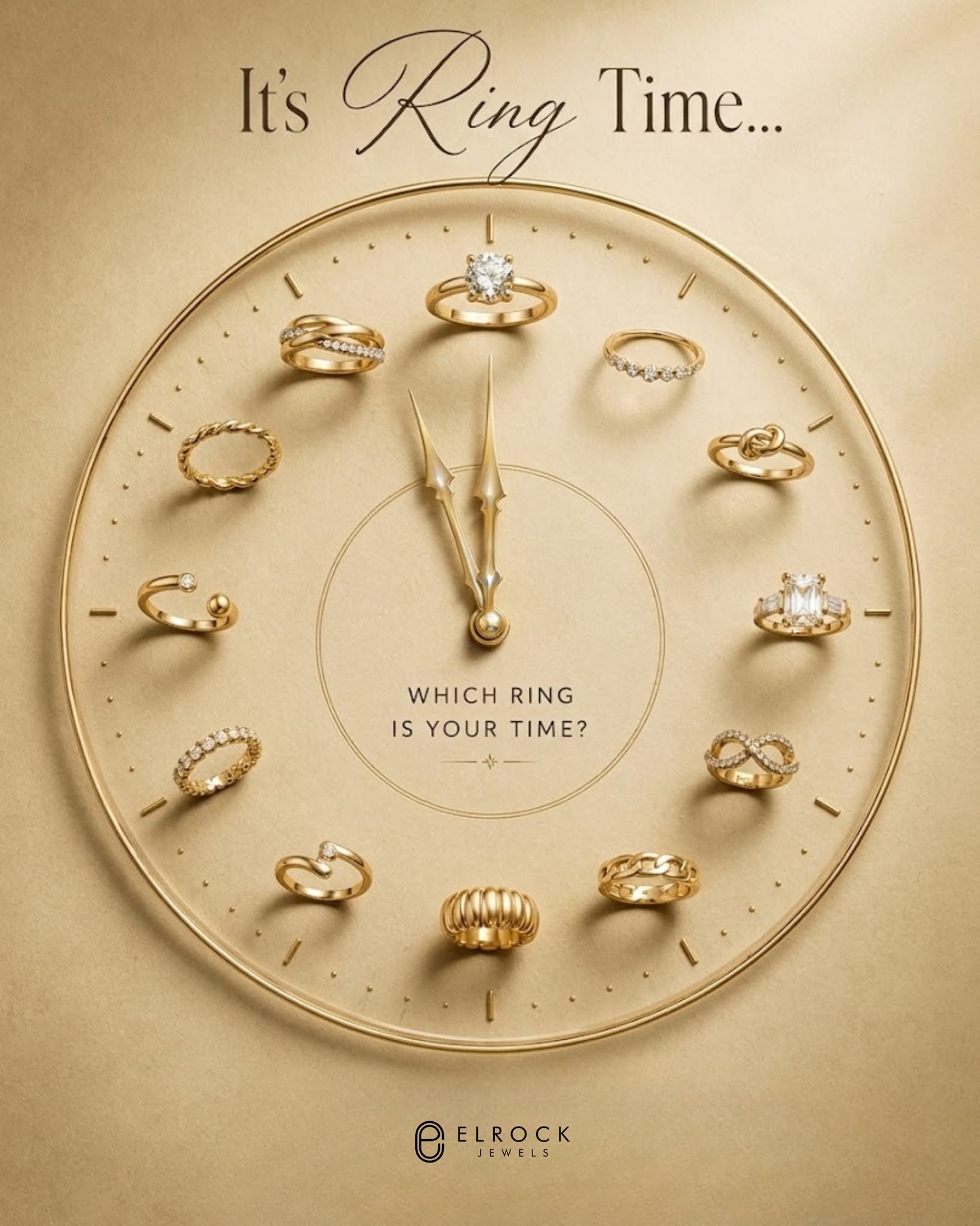 New Year Instagram post: Twelve gold rings arranged as hour markers on a gold clock face