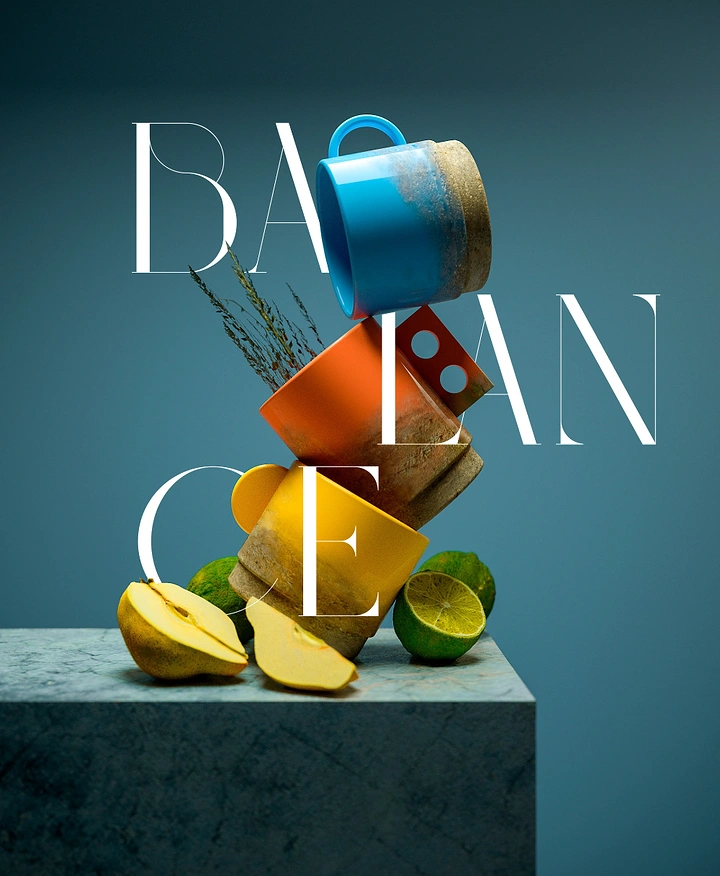 Home Decor creative ad: Impossible balancing stack of colorful vessels and fruit
