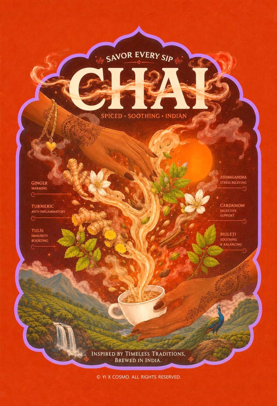 Poster: Mehndi-adorned hands with a steaming chai cup and swirling spices