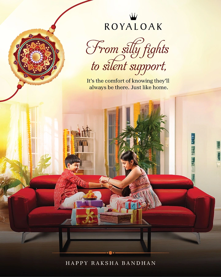 Raksha Bandhan creative ad: Siblings tying a rakhi on a red leather sofa in a sunlit living room