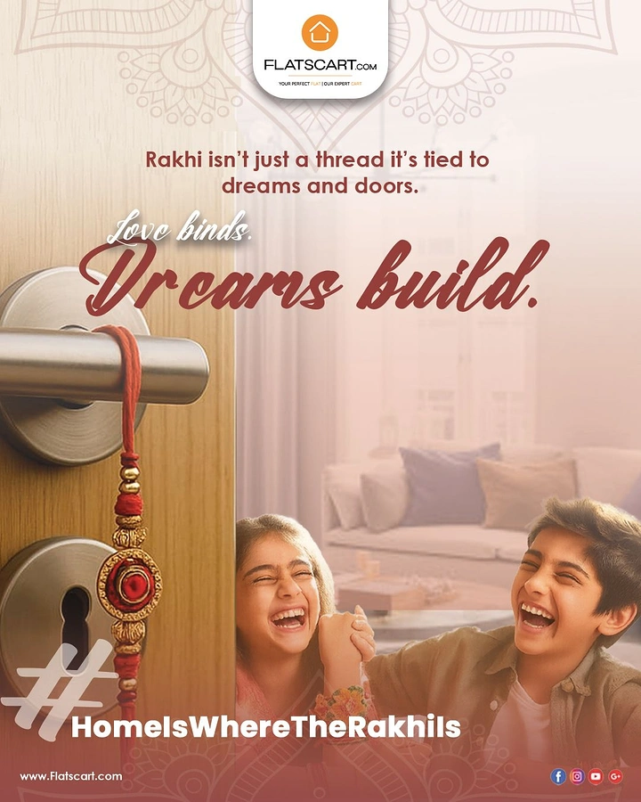 Raksha Bandhan creative ad: Rakhi hanging on a door handle beside laughing siblings
