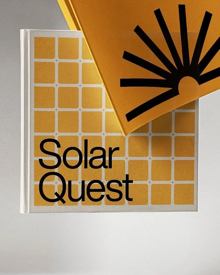Solar & Energy creative ad: Floating book covers with a solar-panel grid and a sunburst symbol