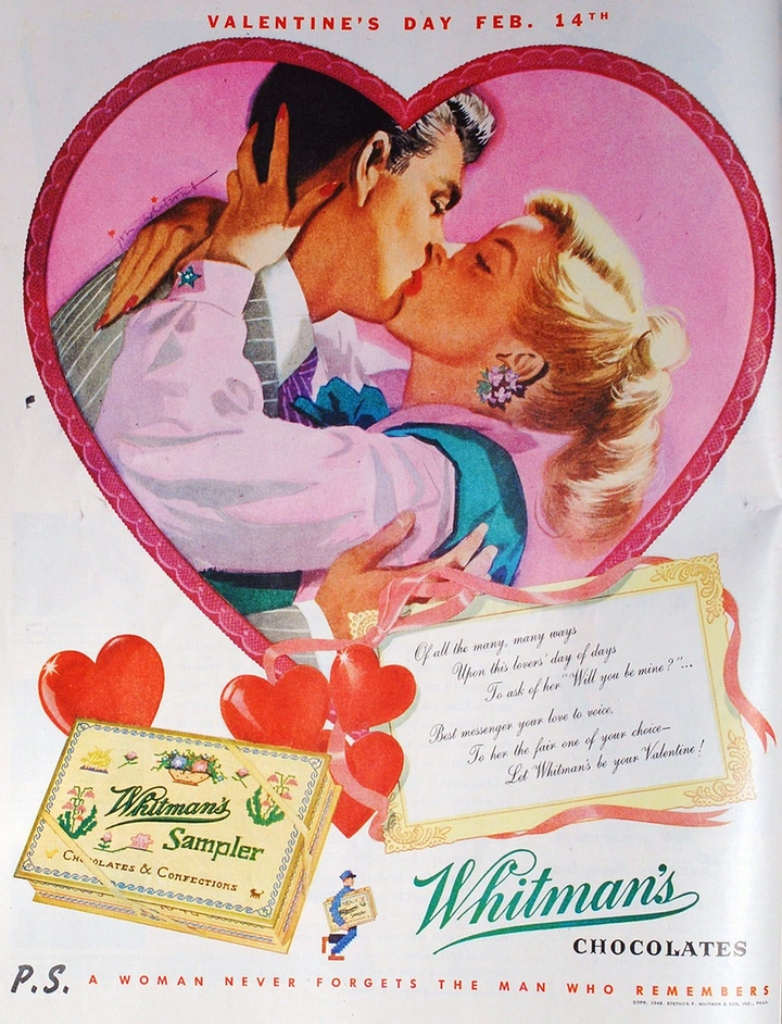 Valentine's Day creative ad: Vintage illustrated couple kissing inside a large heart