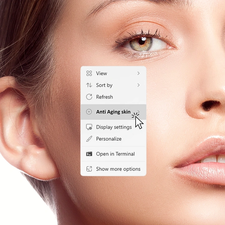 Skin & Cosmetic Clinics creative ad: Face close-up with a Windows-style right-click menu on the cheek