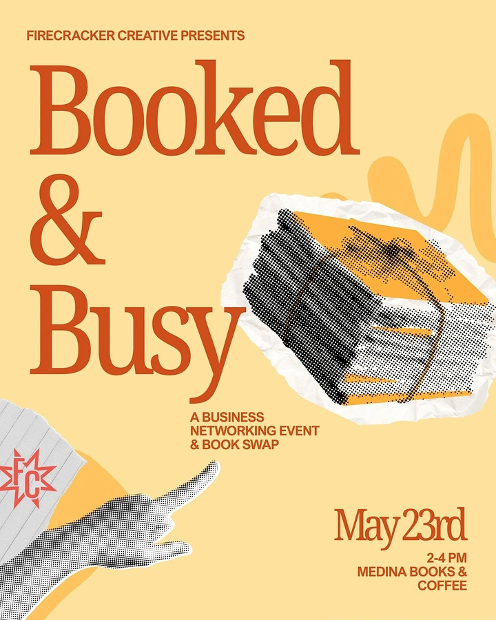 Bookstores creative ad: 'Booked & Busy' pun, halftone collage event poster