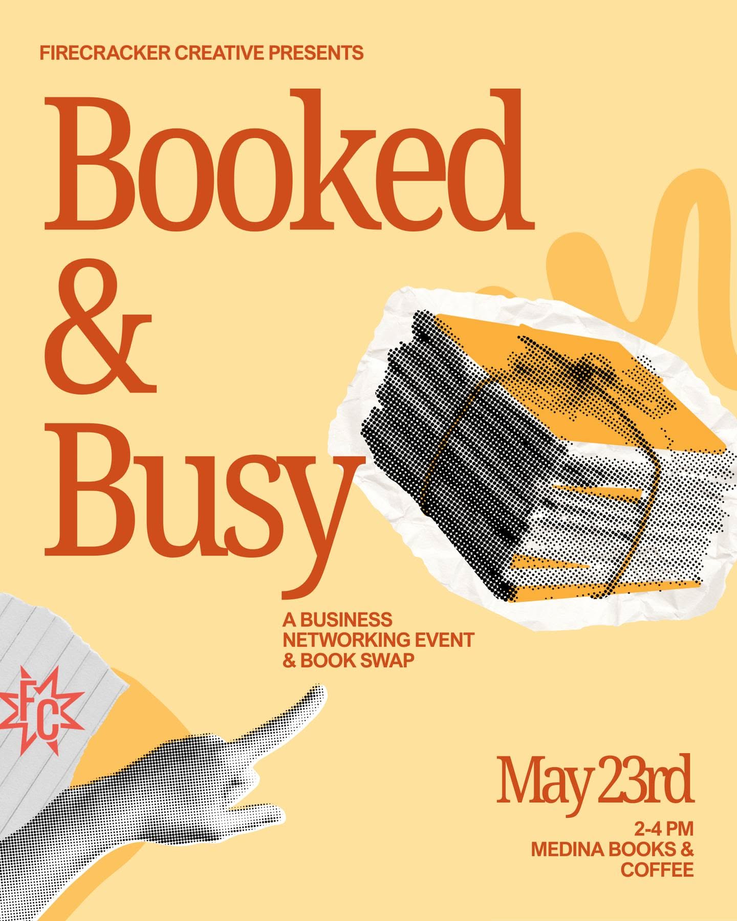 'Booked & Busy' pun, halftone collage event poster