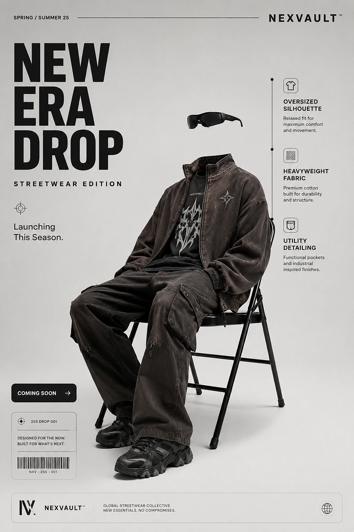 Creative ad: Headless ghost-mannequin outfit of washed brown denim jacket and cargo pants seated on a black folding chair