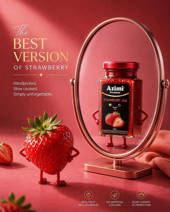 FMCG creative ad: Strawberry character looking at itself in a mirror that reflects a jam jar