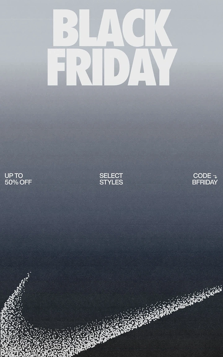 Black Friday creative ad: Brand swoosh rendered in scattered white particles