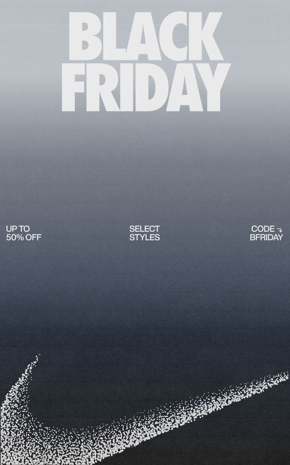 Brand swoosh rendered in scattered white particles