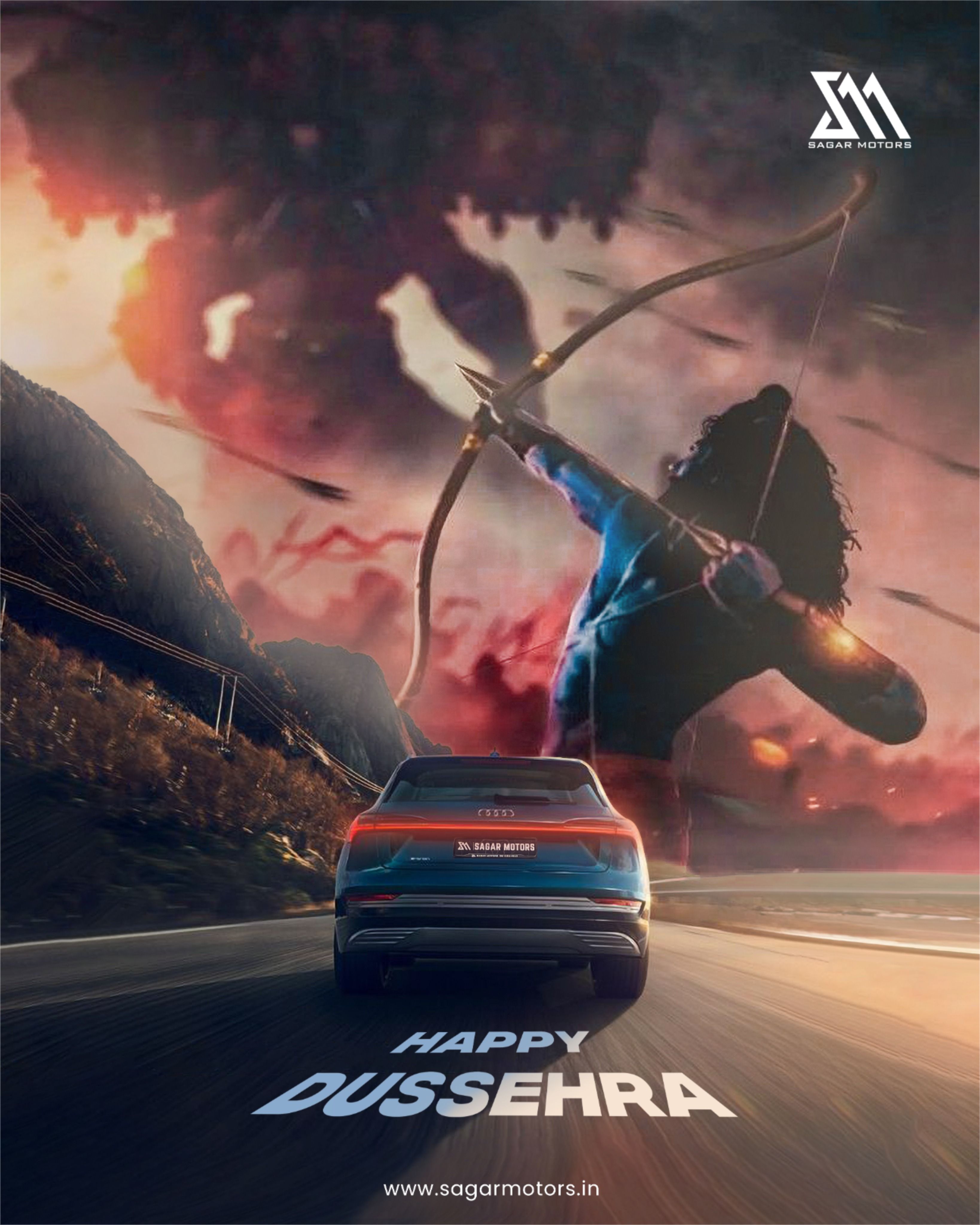 Rear view of an SUV speeding beneath a giant archer deity figure