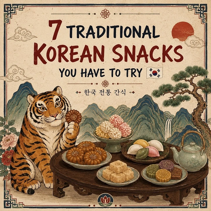 Korean Restaurants creative ad: Vintage tiger frames Korean snack showcase