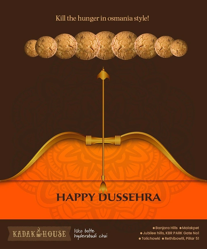 Dussehra creative ad: Golden bow and arrow aimed at a row of Osmania biscuits