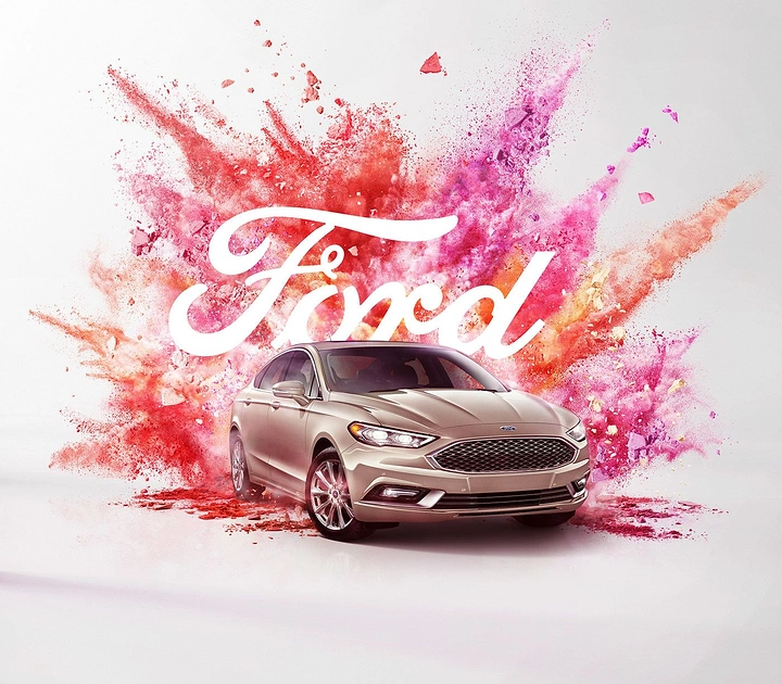 Holi creative ad: Ford script logo formed from gulal burst