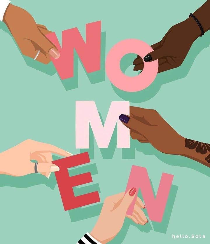 Women's Day creative ad: Diverse hands placing pink letters that spell WOMEN