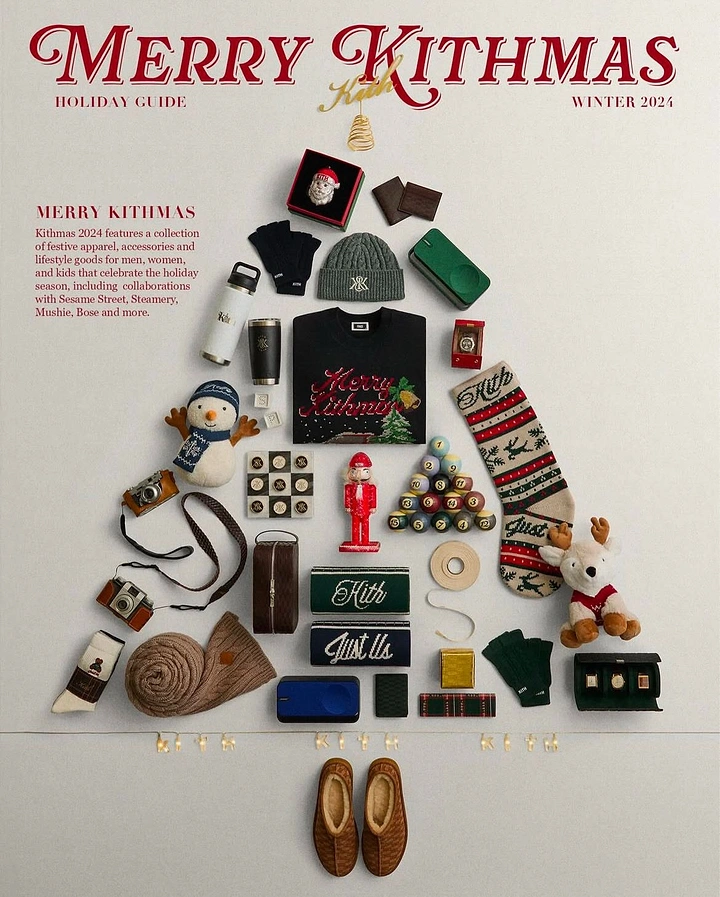 Christmas creative ad: Flat-lay of holiday products arranged in a Christmas tree shape