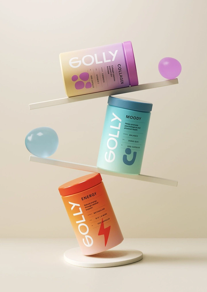 Pharma creative ad: Three gradient supplement jars balanced on tilted planks