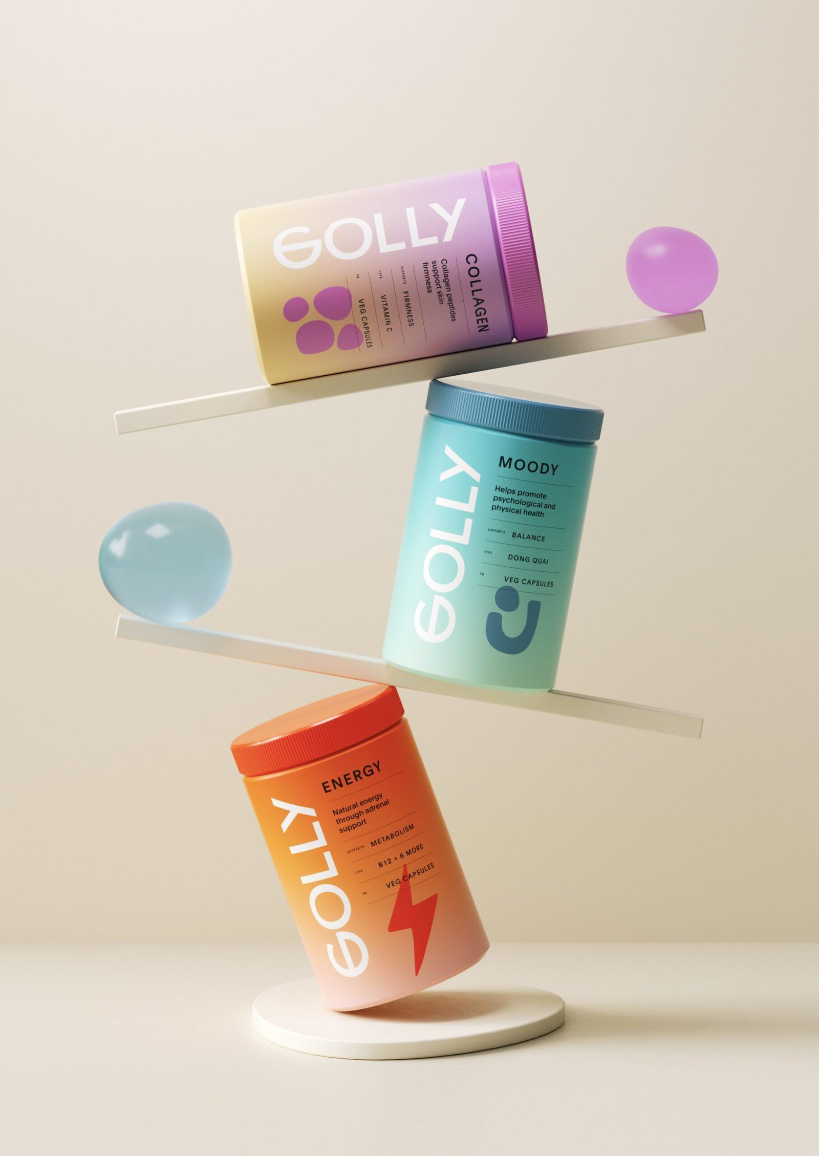 Poster: Three gradient supplement jars balanced on tilted planks