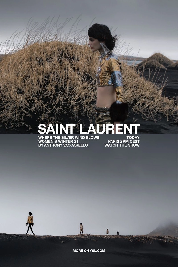 Creative ad: Model in metallic gold top against grassy black dune, runway silhouettes below