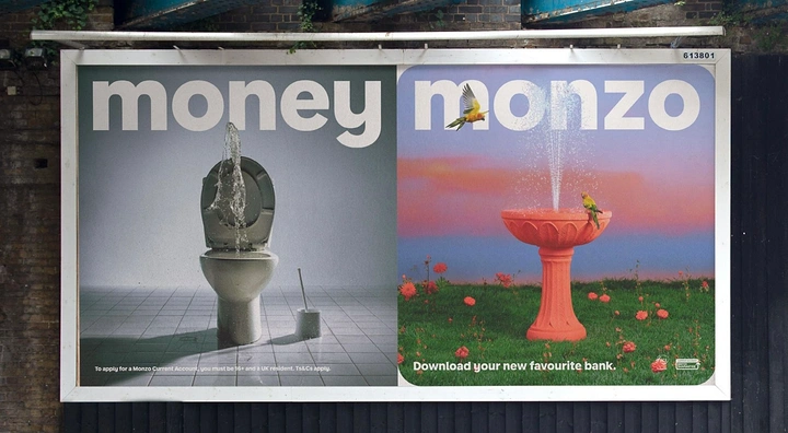 Finance & Banking creative ad: Split billboard of water flushing from a toilet vs. a bird-bath fountain