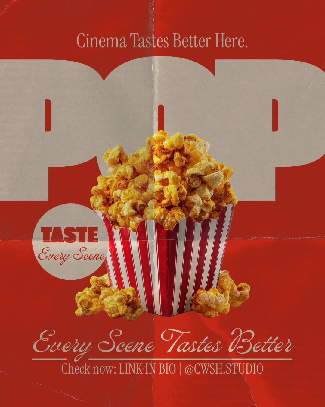 Instagram post: POP type behind popcorn, 'tastes better' pun, slide 1