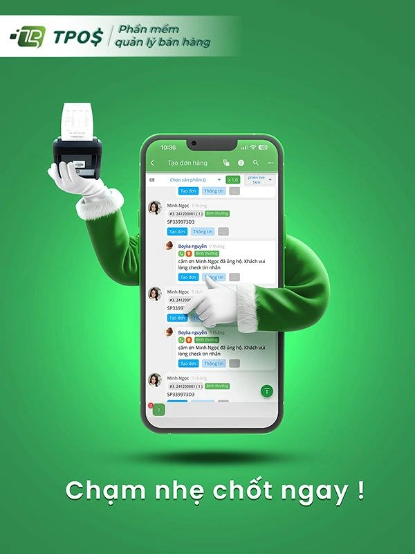 Christmas creative ad: Smartphone with green Santa-suit arms tapping the screen and holding a receipt printer