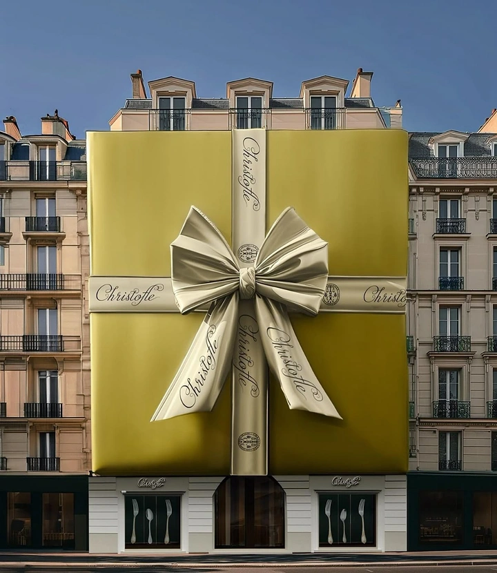 Kitchenware & Cookware creative ad: Haussmann building facade wrapped as a giant gift box with a satin bow