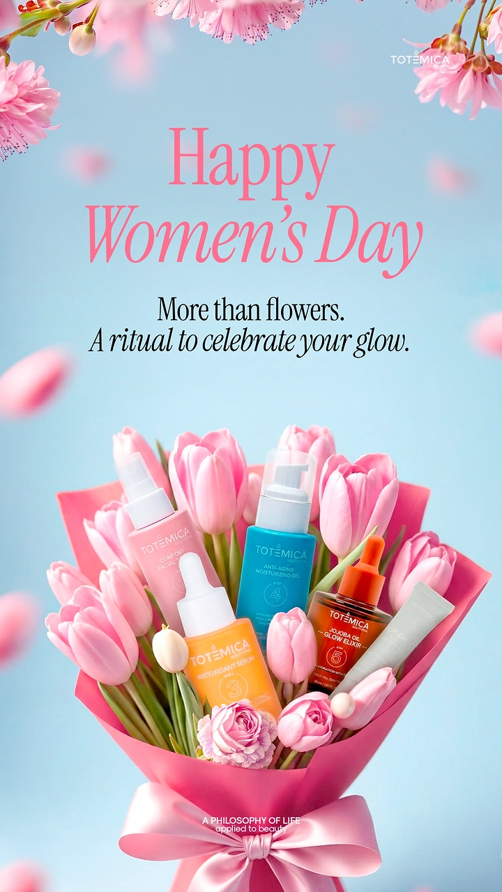 Women's Day creative ad: Skincare products arranged in a pink tulip bouquet