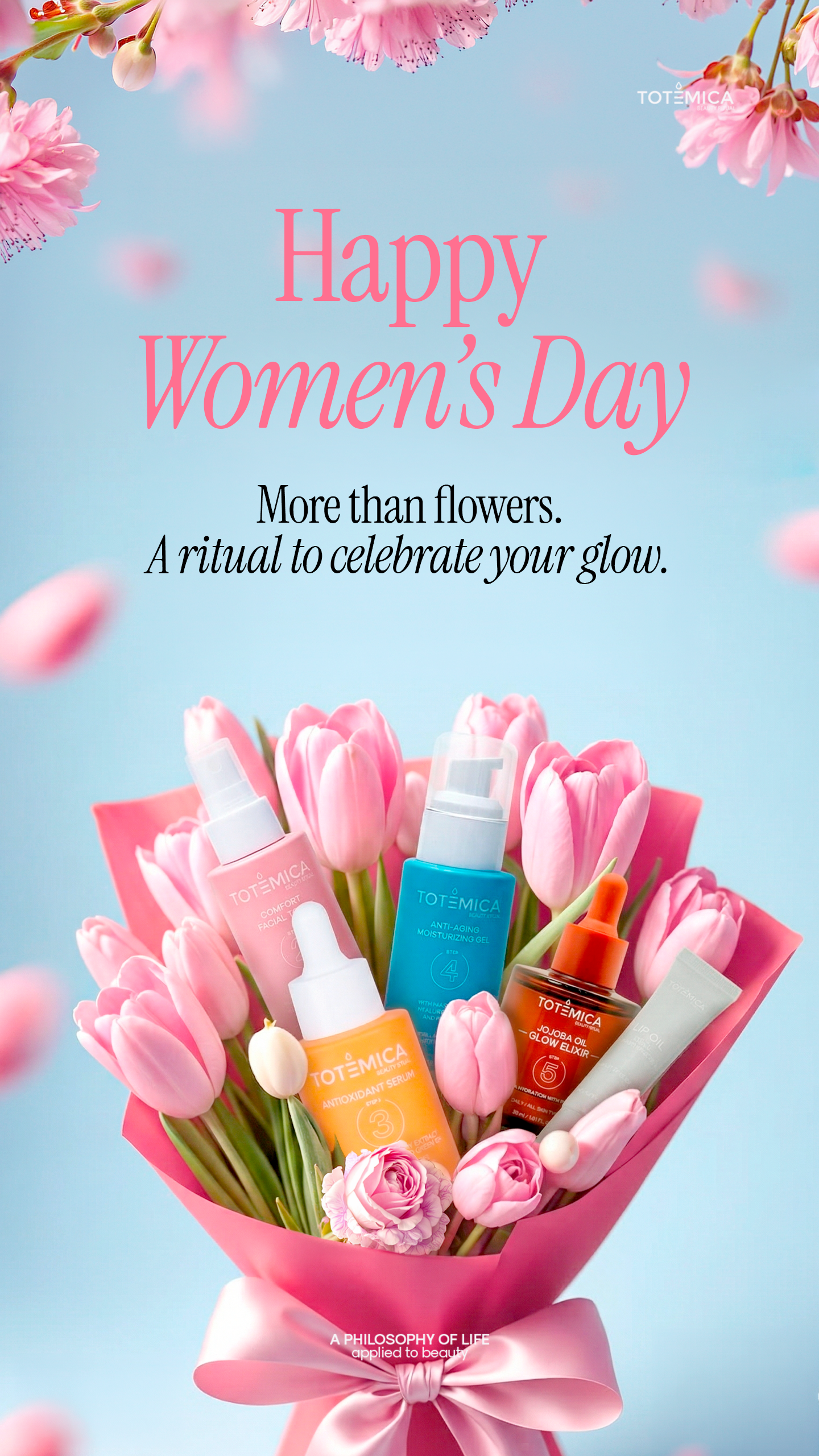 Skincare products arranged in a pink tulip bouquet