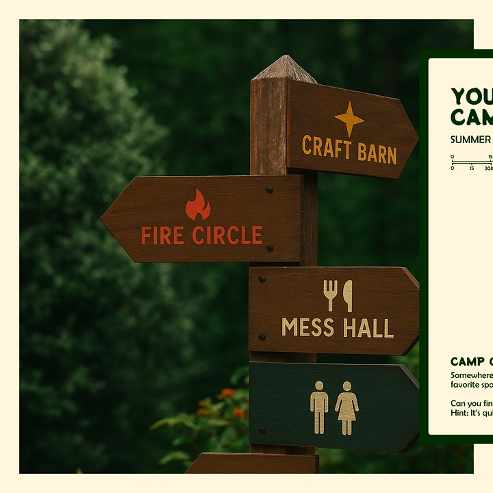 Summer Camps & Kids Activities creative ad: Camp destinations become a playful wayfinding poster