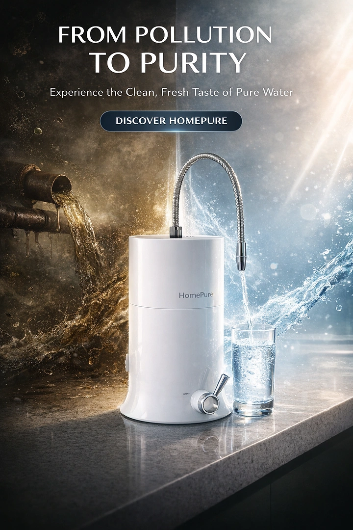 Water Purifiers creative ad: A countertop purifier transforming a polluted industrial scene into luminous clean water