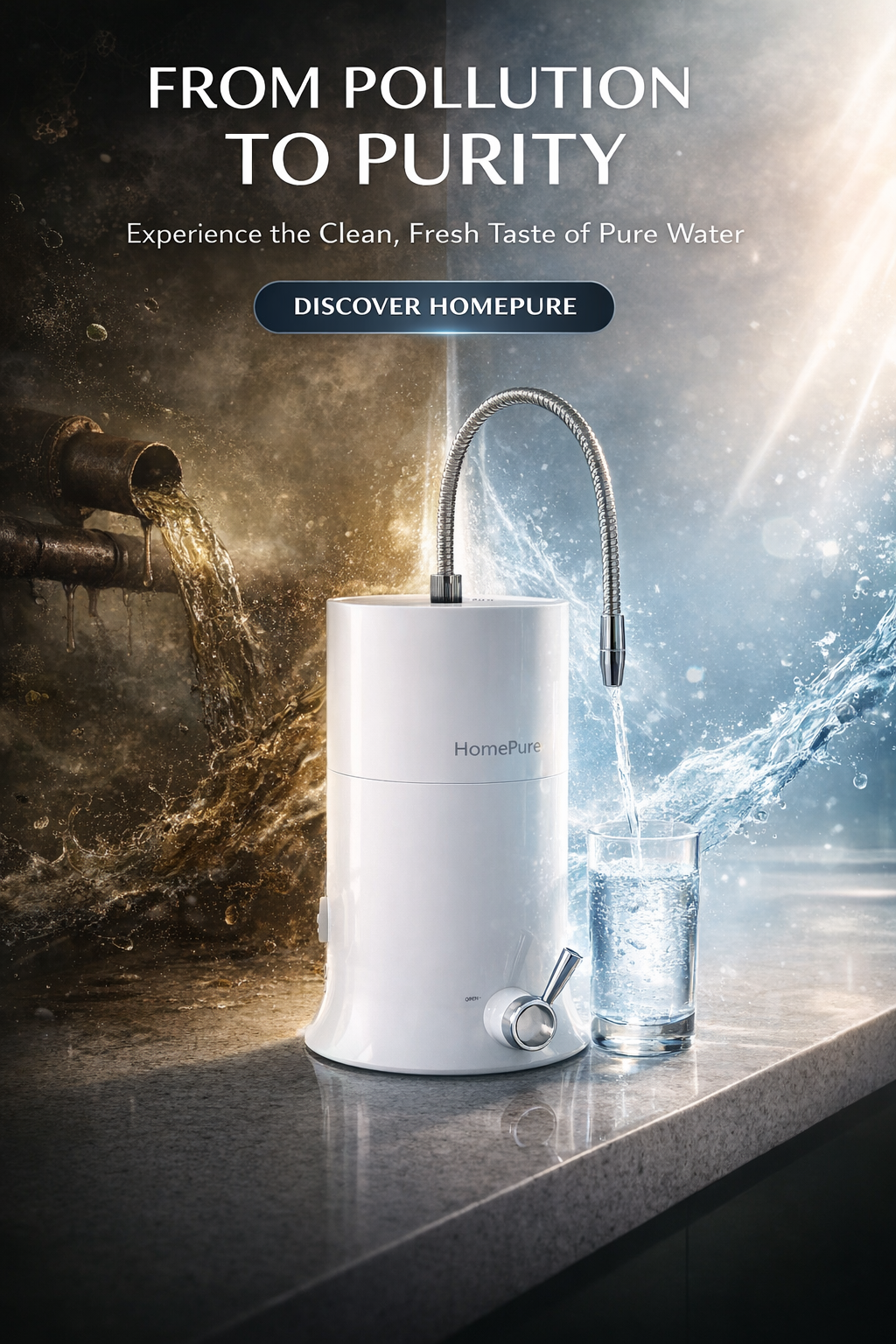 Story: A countertop purifier transforming a polluted industrial scene into luminous clean water