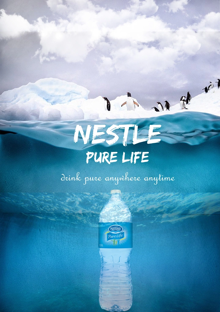 Packaged Drinking Water creative ad: Penguins and iceberg frame pure life
