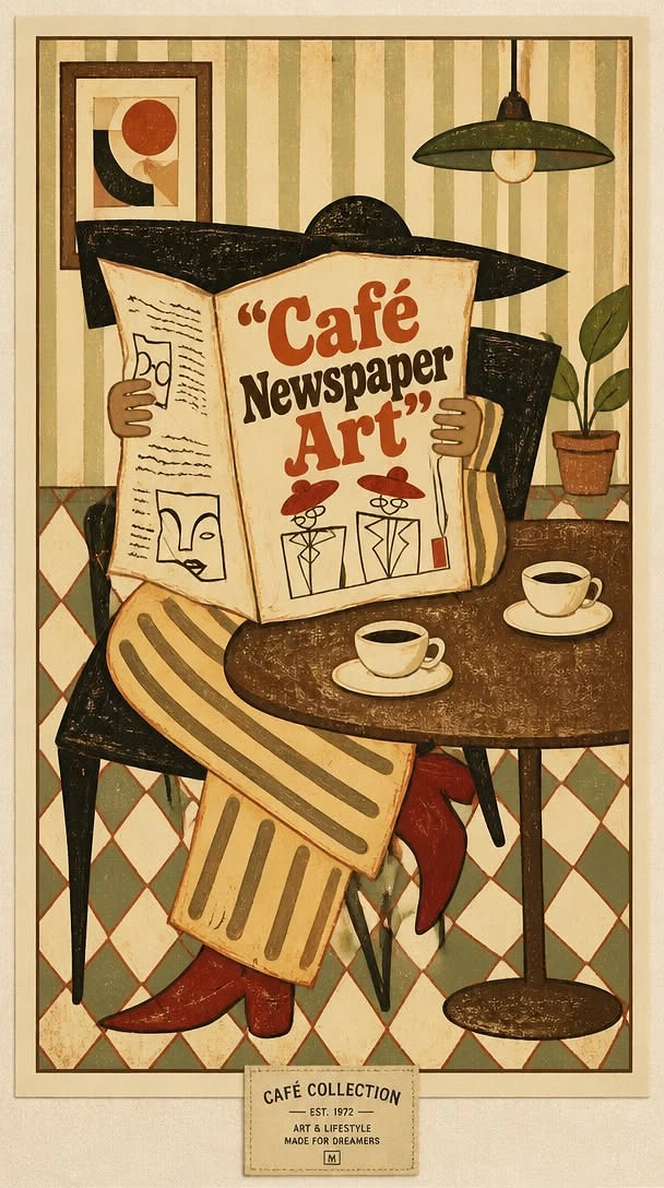 Creative ad: Stylised woman in a wide hat reading a newspaper at a cafe table