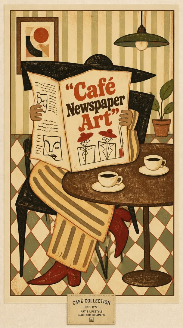 Story: Stylised woman in a wide hat reading a newspaper at a cafe table